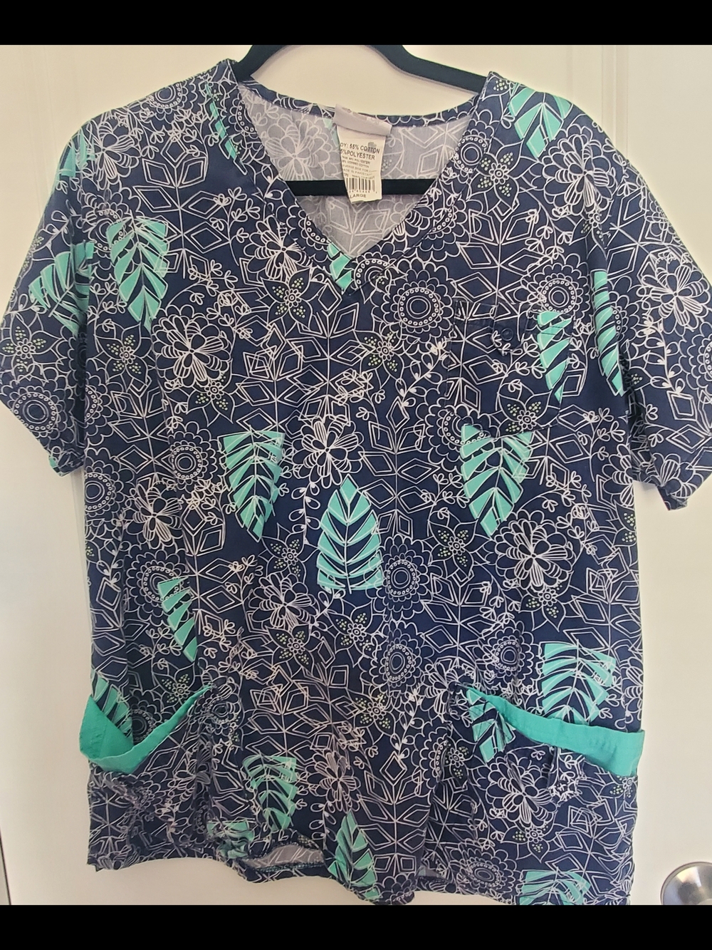 Navy Floral & Teal Leaf Scrub Top